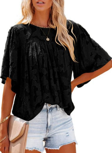 2024 New trumpet sleeve lace hollow chiffon top