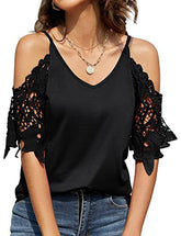 2024New lace sleeve V-neck solid color suspenders loose casual T-shirt