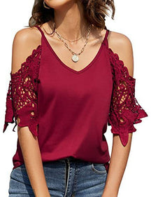 2024 New lace sleeve V-neck solid color suspenders loose casual T-shirt