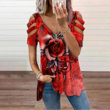 2024 New printed V-neck zipper women's short-sleeved T-shirt