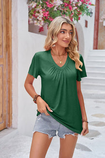 2024 New solid color pleated V-neck ruffled sleeve loose top