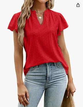 2024 New jacquard v-neck piled sleeves short-sleeved t-shirt top