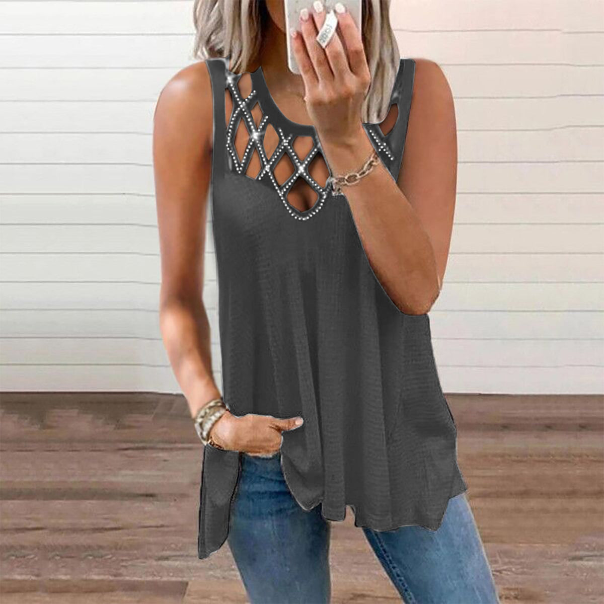 2024 New Sexy Hollow Hot Diamond Sleeveless Vest