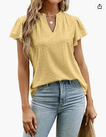 2024 New jacquard v-neck piled sleeves short-sleeved t-shirt top