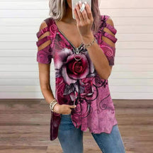 2024 New printed V-neck zipper women's short-sleeved T-shirt