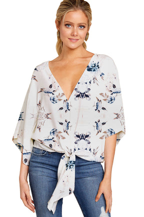 2024 V-Neck Short Sleeve Knotted Print Top