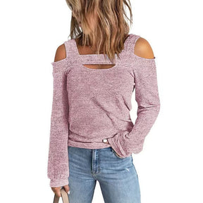 2024Fashion casual solid color strapless loose long-sleeved T-shirt for women