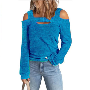 2024Fashion casual solid color strapless loose long-sleeved T-shirt for women