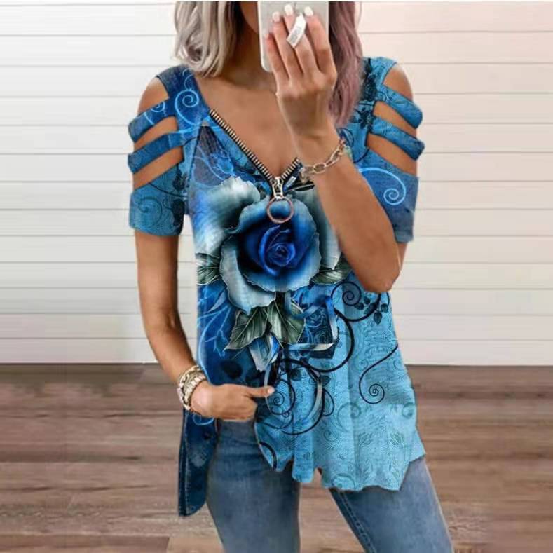 2024 New printed V-neck zipper women's short-sleeved T-shirt