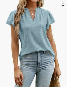 2024 New jacquard v-neck piled sleeves short-sleeved t-shirt top