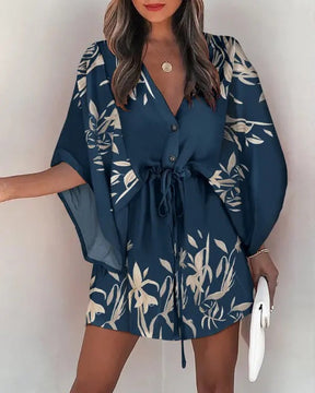 2024 New V-neck tie printed beach dress