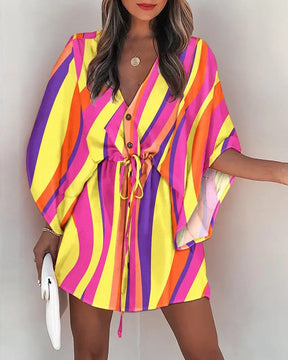 2024 New V-neck tie printed beach dress