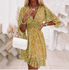 2024 New Printed Puff Sleeve Floral Dress